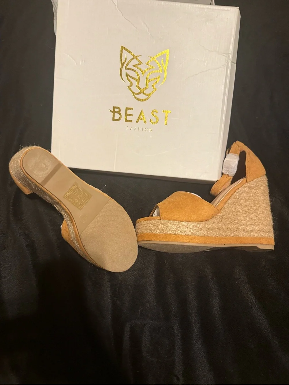 BEAST FASHION Tan Suede Open-Toe Wedge Sandals